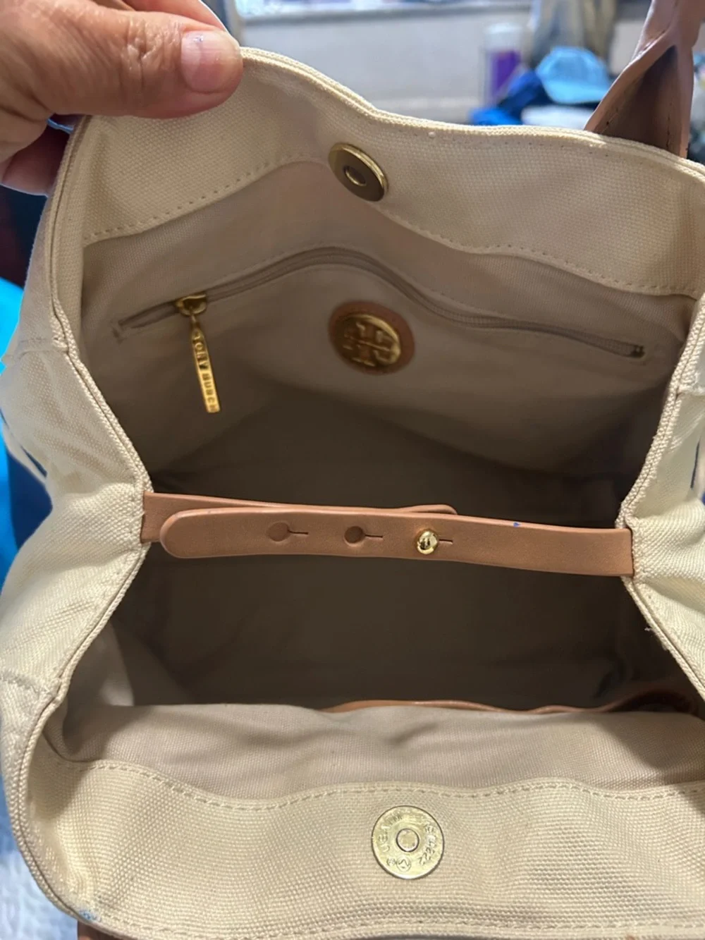 Tory Burch Blue, Cream & Tan Canvas Leather Tote - Picture 3 of 16